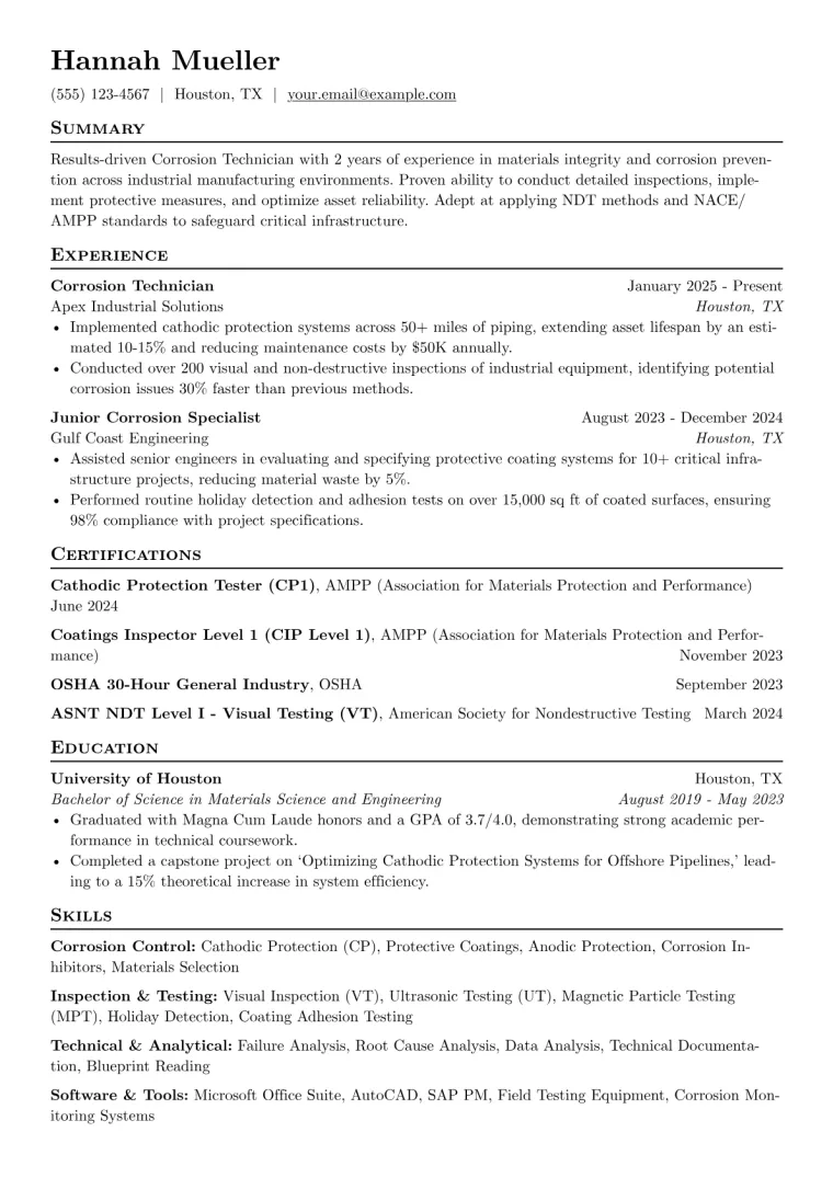Corrosion Technician Resume Example preview