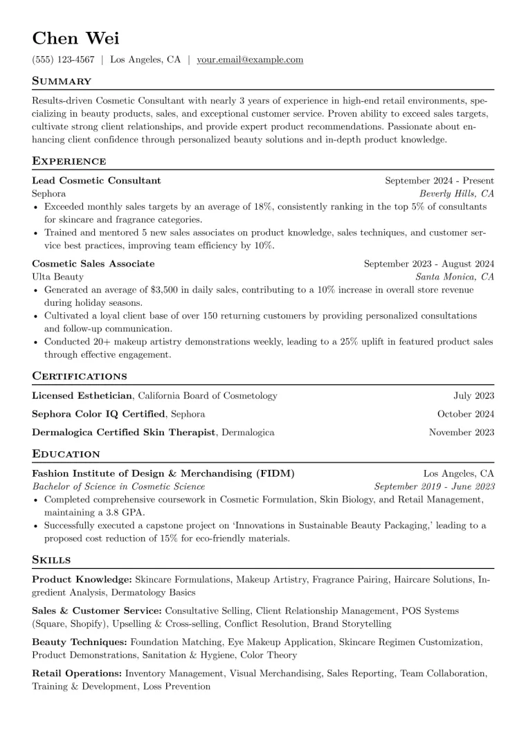 Cosmetic Consultant Resume Example CV template preview