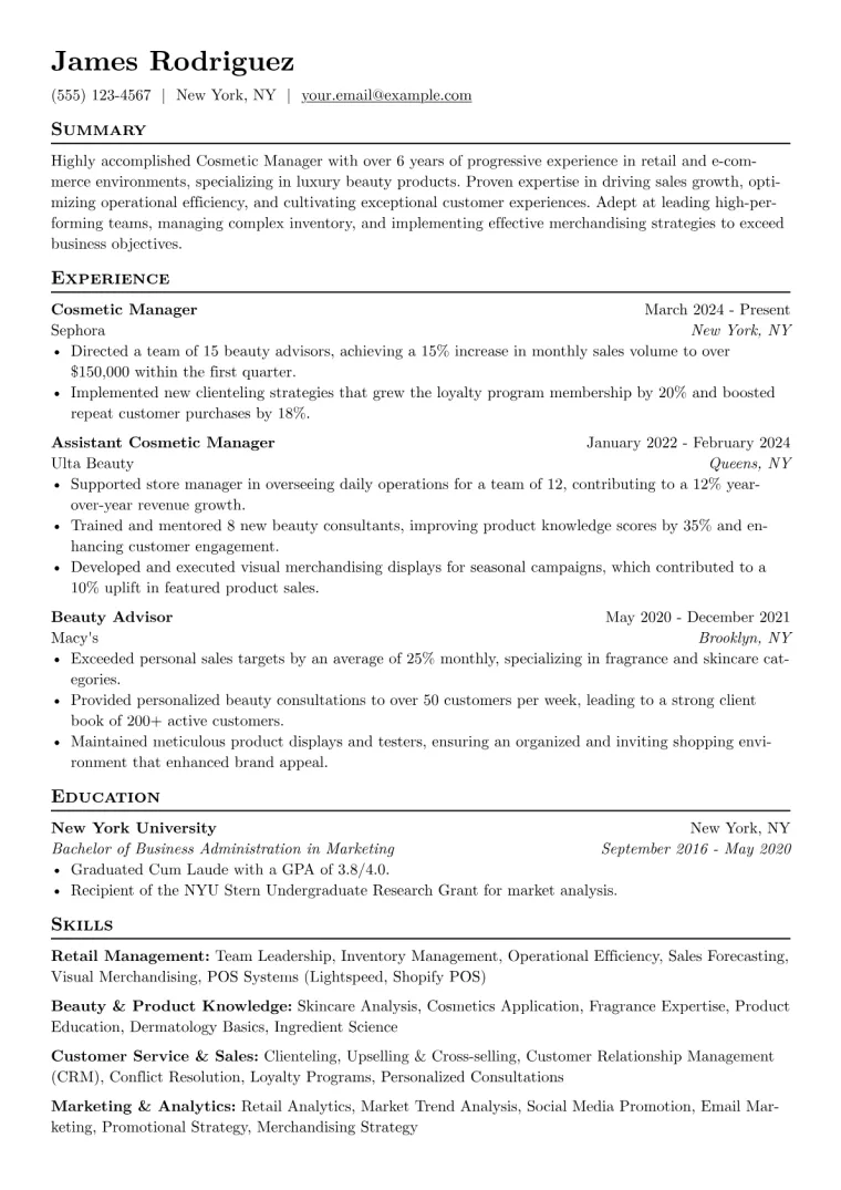 Cosmetic Manager Resume Example preview