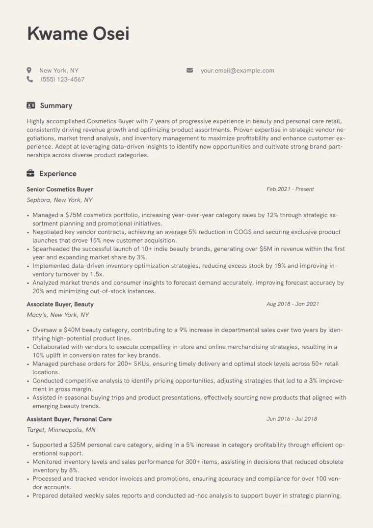 Cosmetics Buyer Resume Example CV template preview