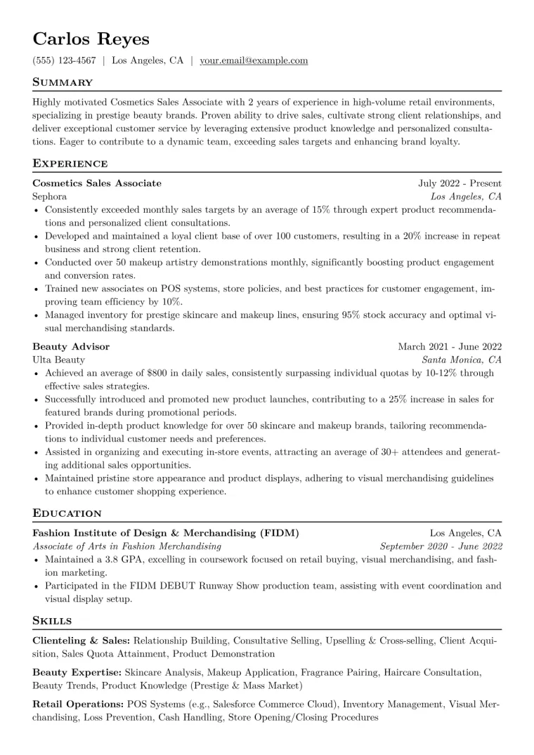 Cosmetics Sales Associate Resume Example CV template preview