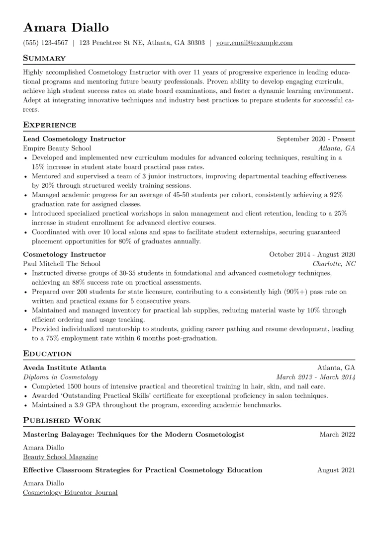 Cosmetology Instructor Resume Example CV template preview
