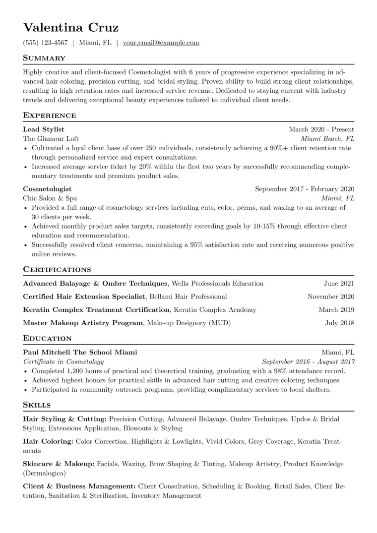 Cosmetology Resume Example CV template preview
