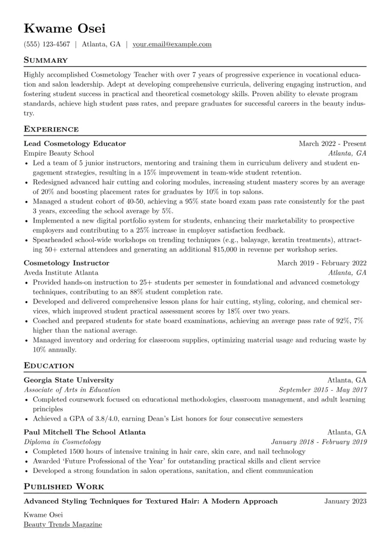 Cosmetology Teacher Resume Example CV template preview