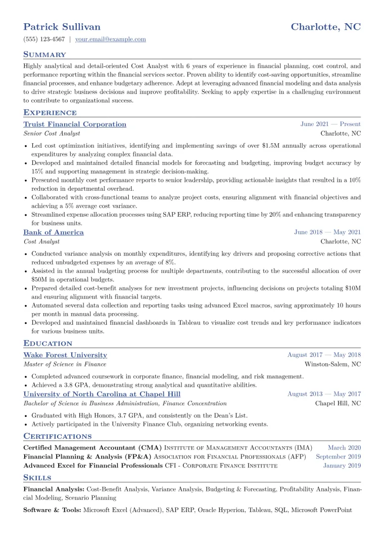 Cost Analyst Resume Example CV template preview