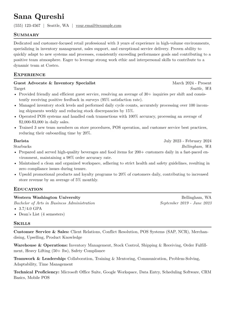 Costco Resume Example CV template preview