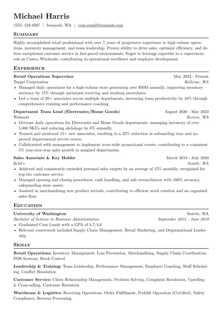 Costco Wholesale Resume Example CV template preview