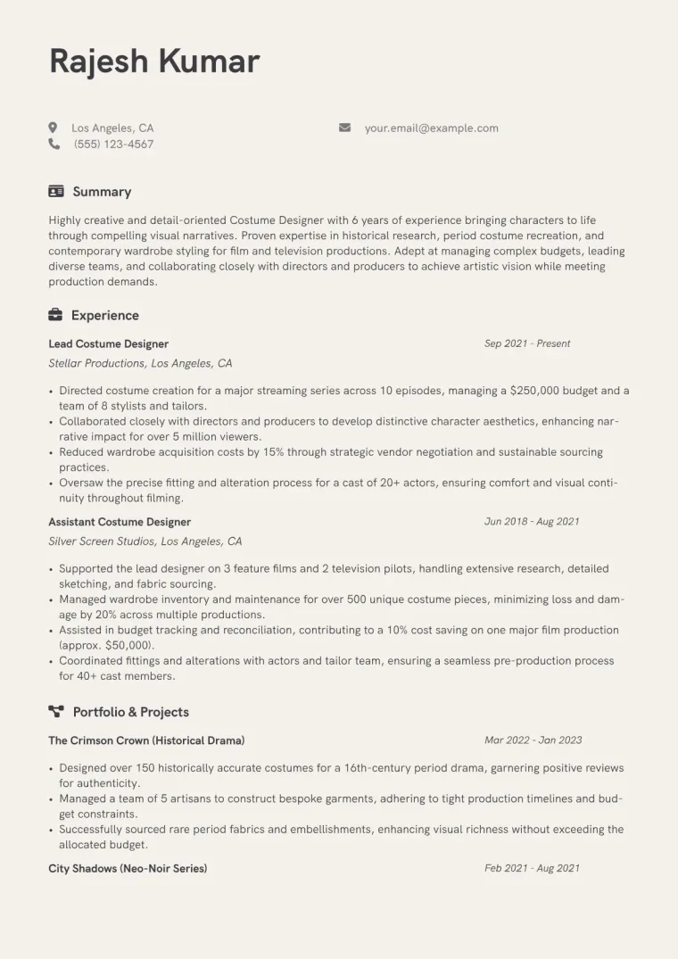 Costume Designer Resume Example CV template preview