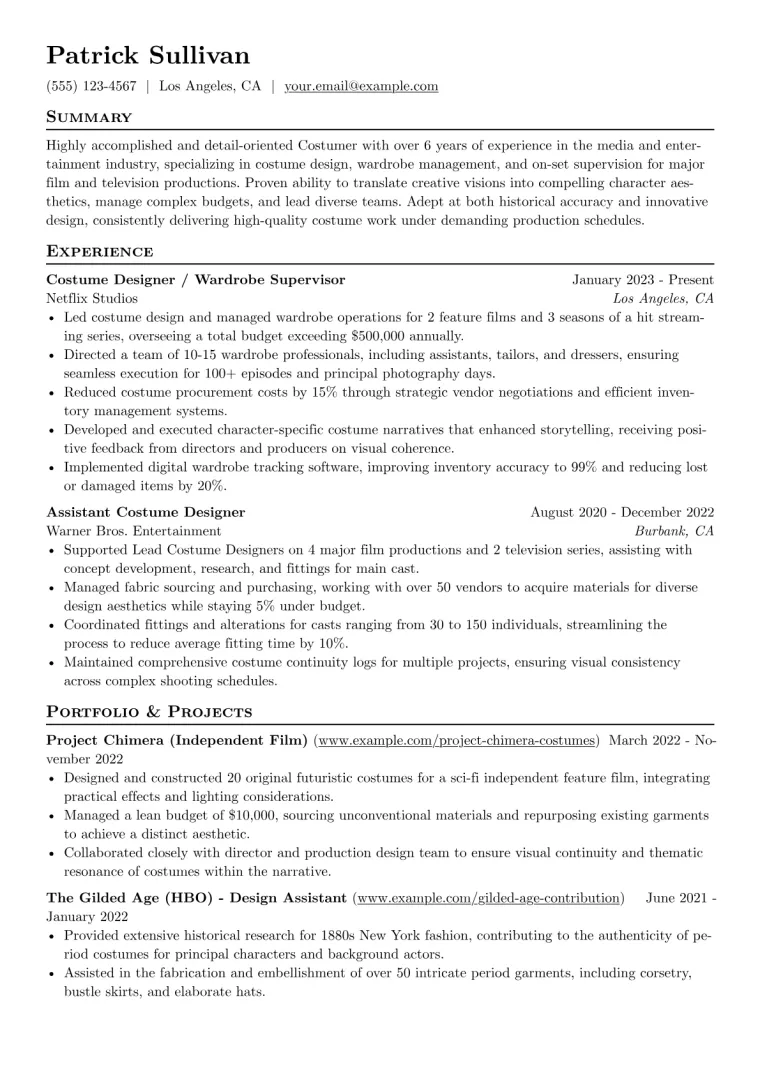 Costumer Resume Example CV template preview