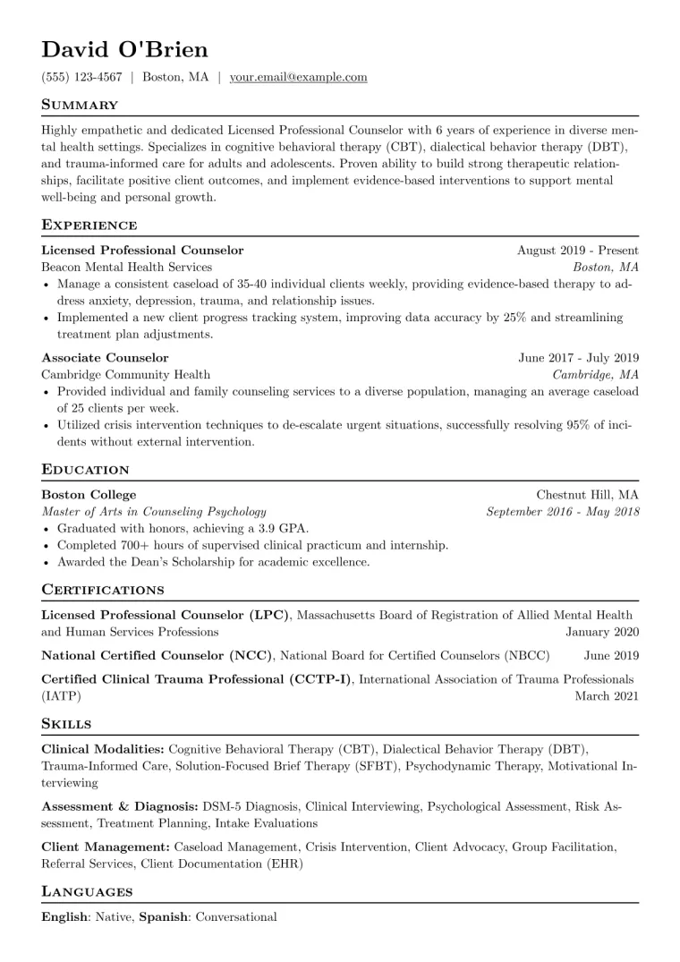 Counselor Resume Example CV template preview