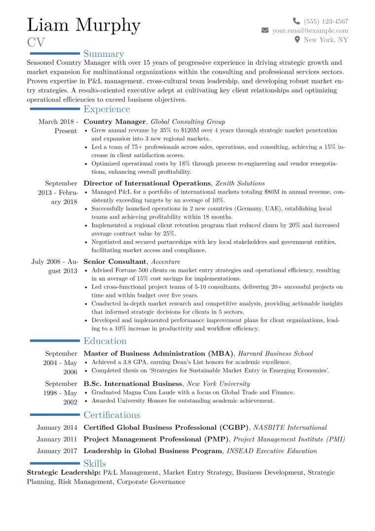 Country Manager Resume Example CV template preview