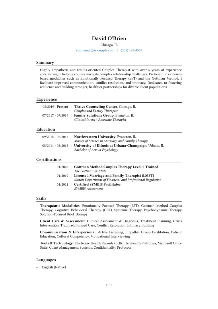 Couples Therapist Resume Example CV template preview