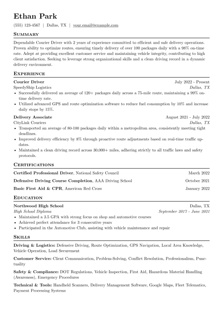 Courier Driver Resume Example CV template preview