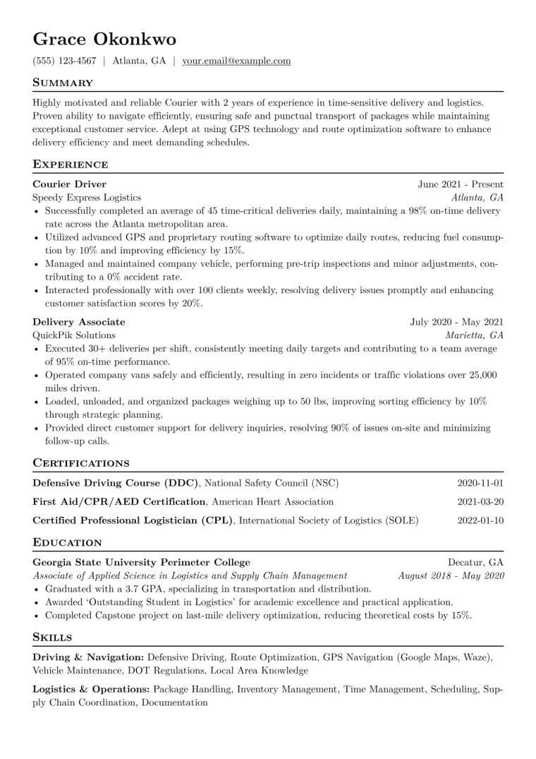 Courier Resume Example CV template preview