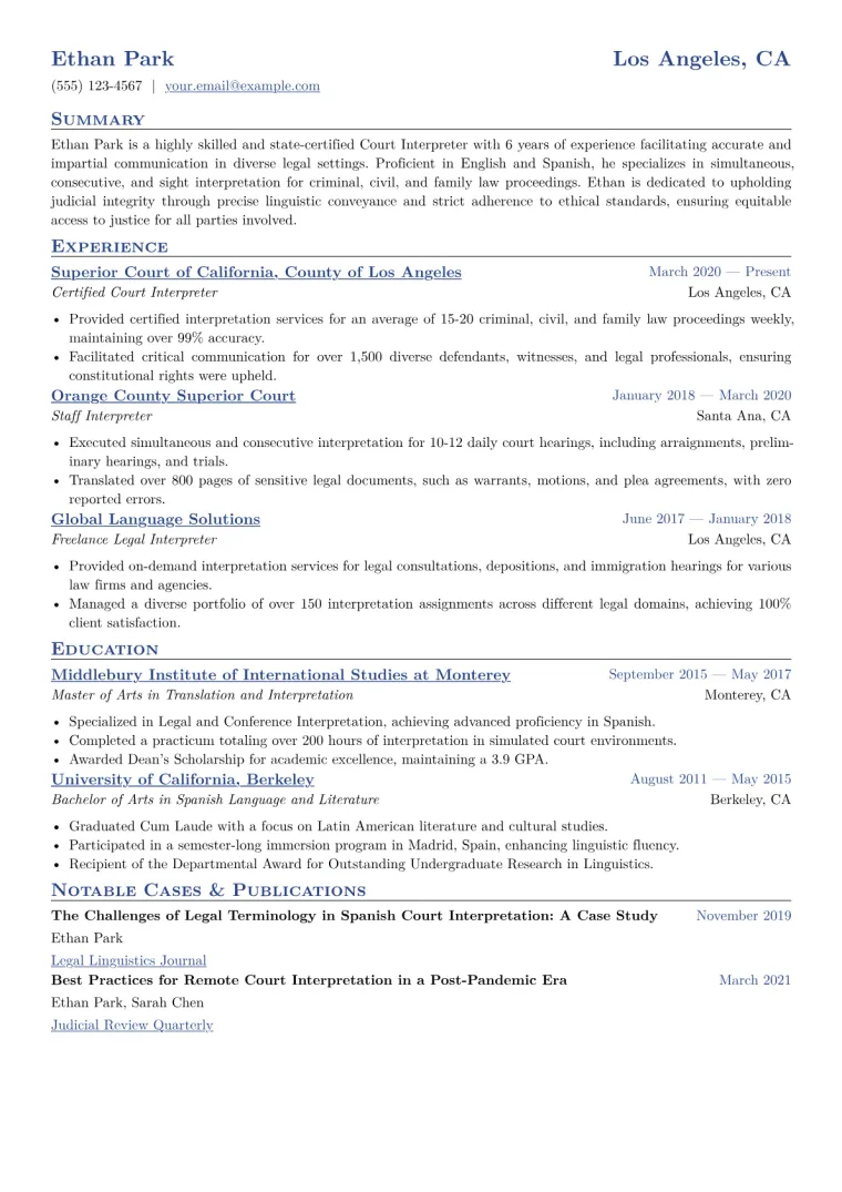 Court Interpreter Resume Example CV template preview