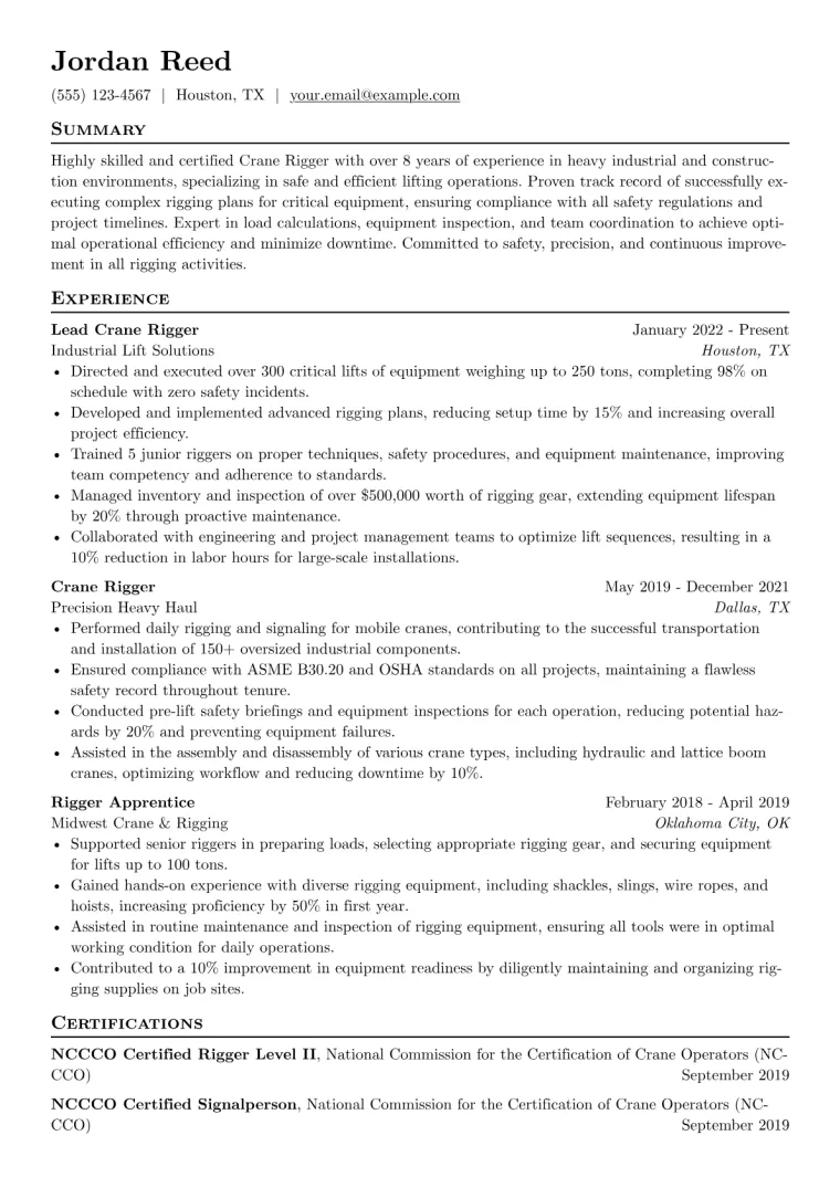 Crane Rigger Resume Example CV template preview