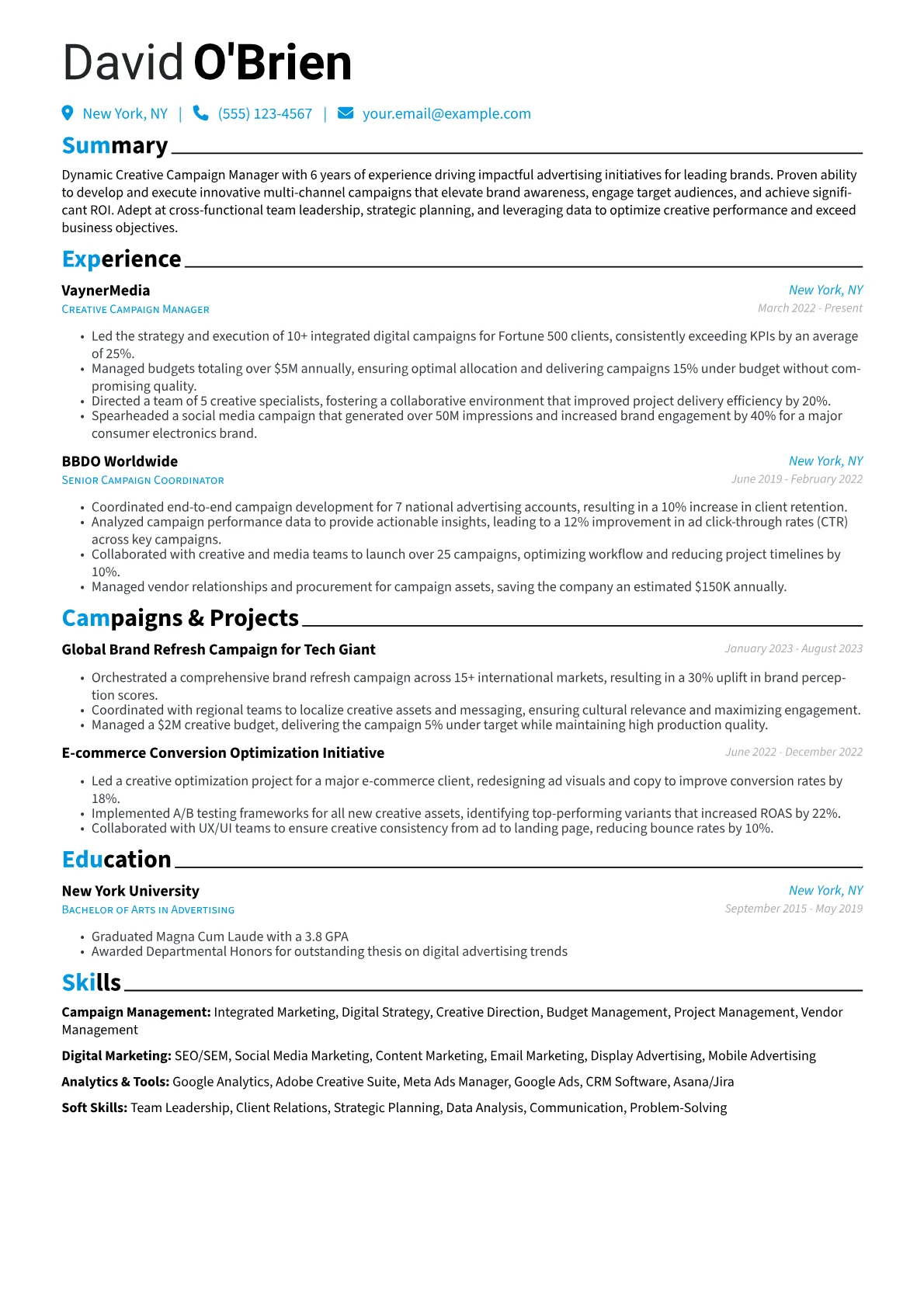 Creative Campaign Manager resume example, page 1