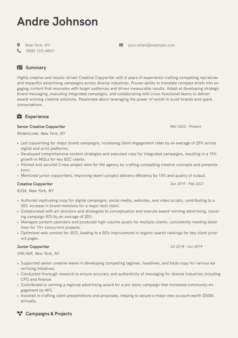 Creative Copywriter Resume Example CV template preview