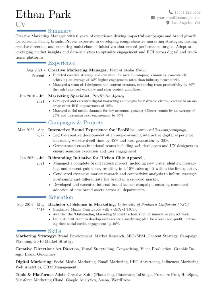 Creative Marketing Manager Resume Example CV template preview