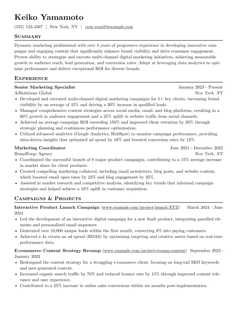 Creative Marketing Specialist Resume Example CV template preview