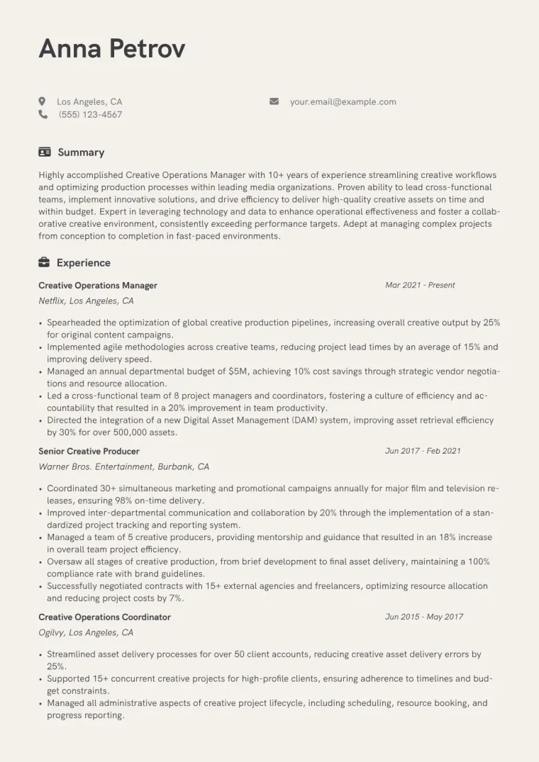 Creative Operations Manager Resume Example CV template preview