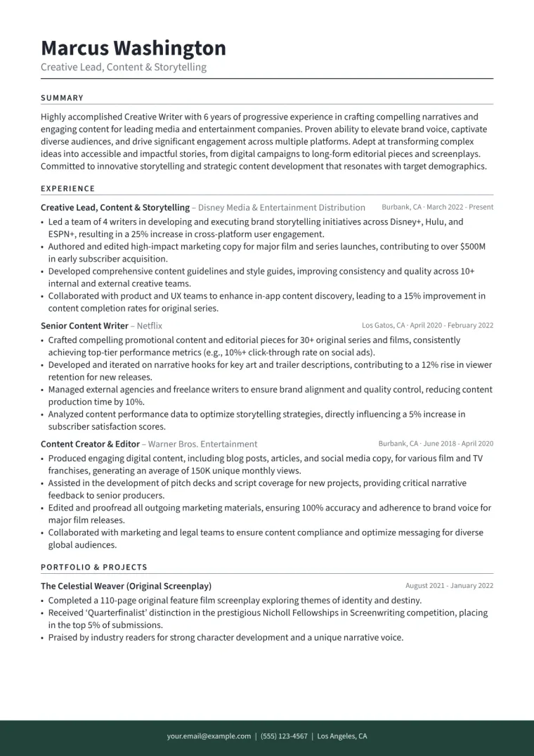 Creative Writer Resume Example CV template preview