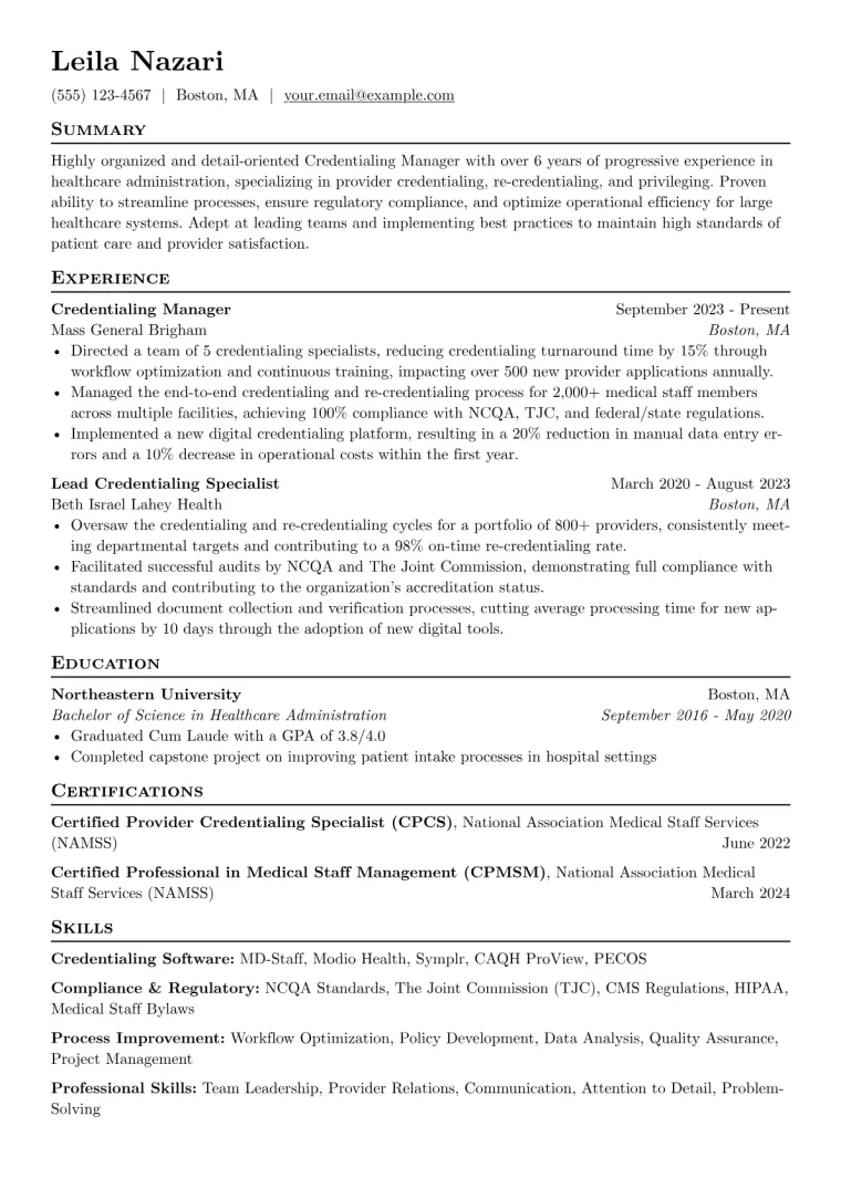 Credentialing Manager Resume Example CV template preview