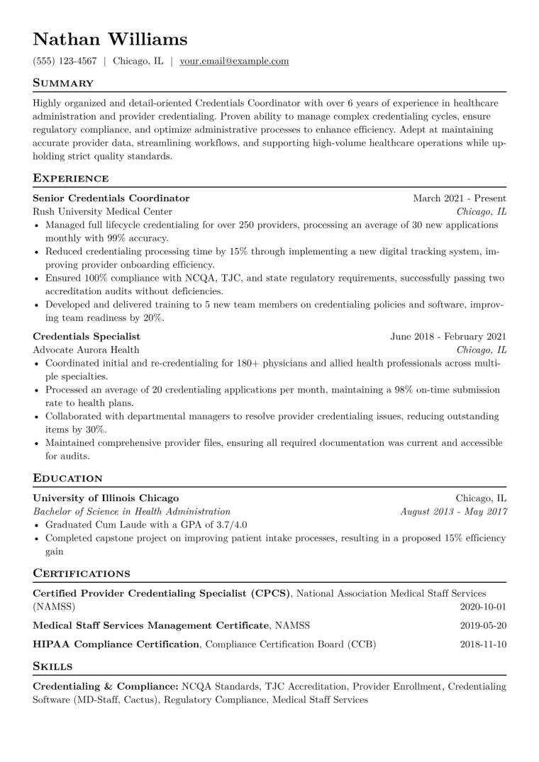Credentials Coordinator Resume Example CV template preview