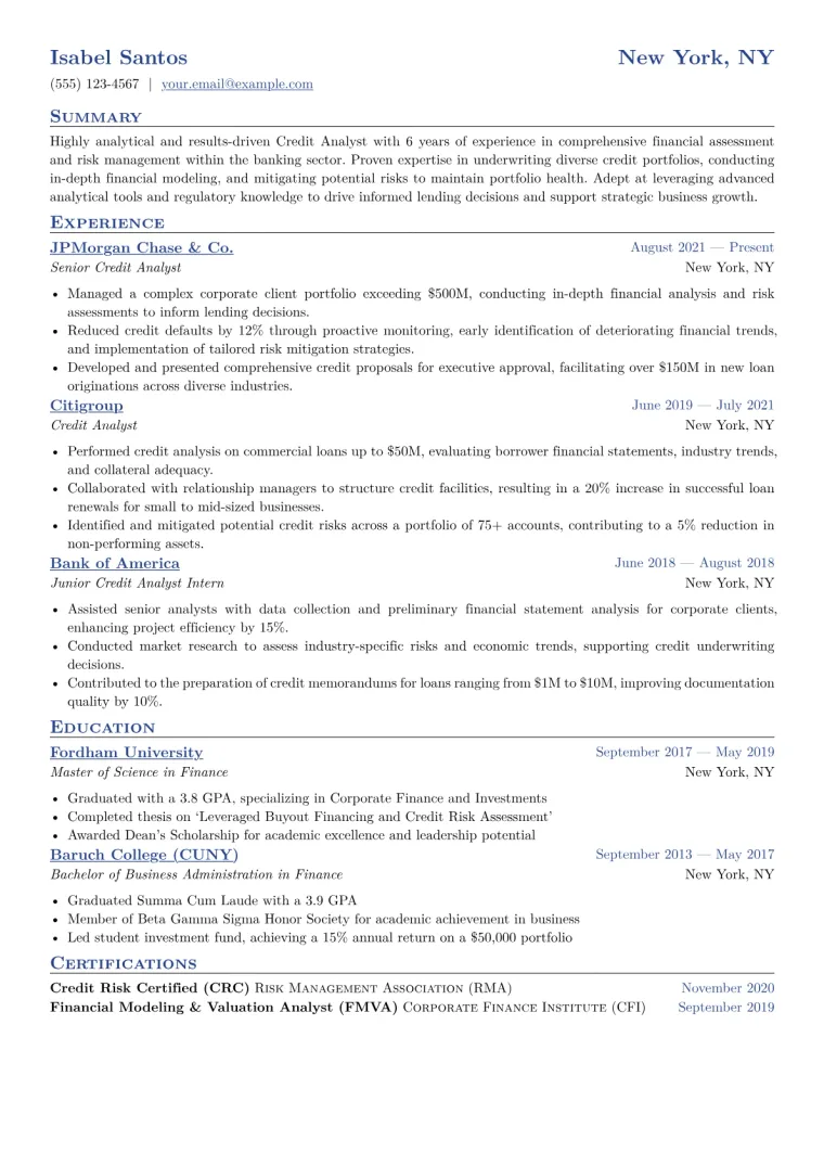 Credit Analyst Resume Example CV template preview