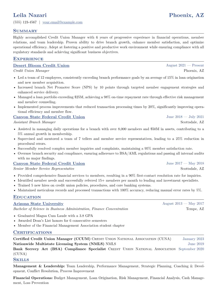 Credit Union Manager Resume Example CV template preview