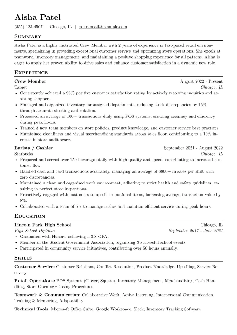 Crew Member Resume Example CV template preview