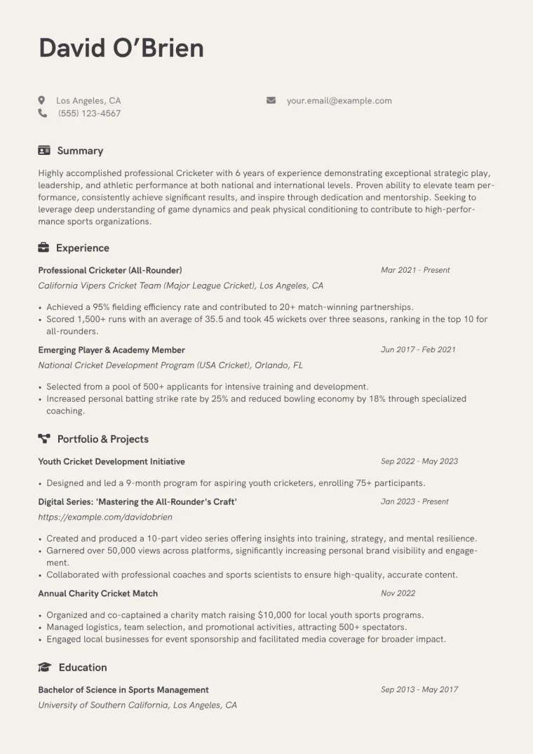 Cricketer Resume Example CV template preview