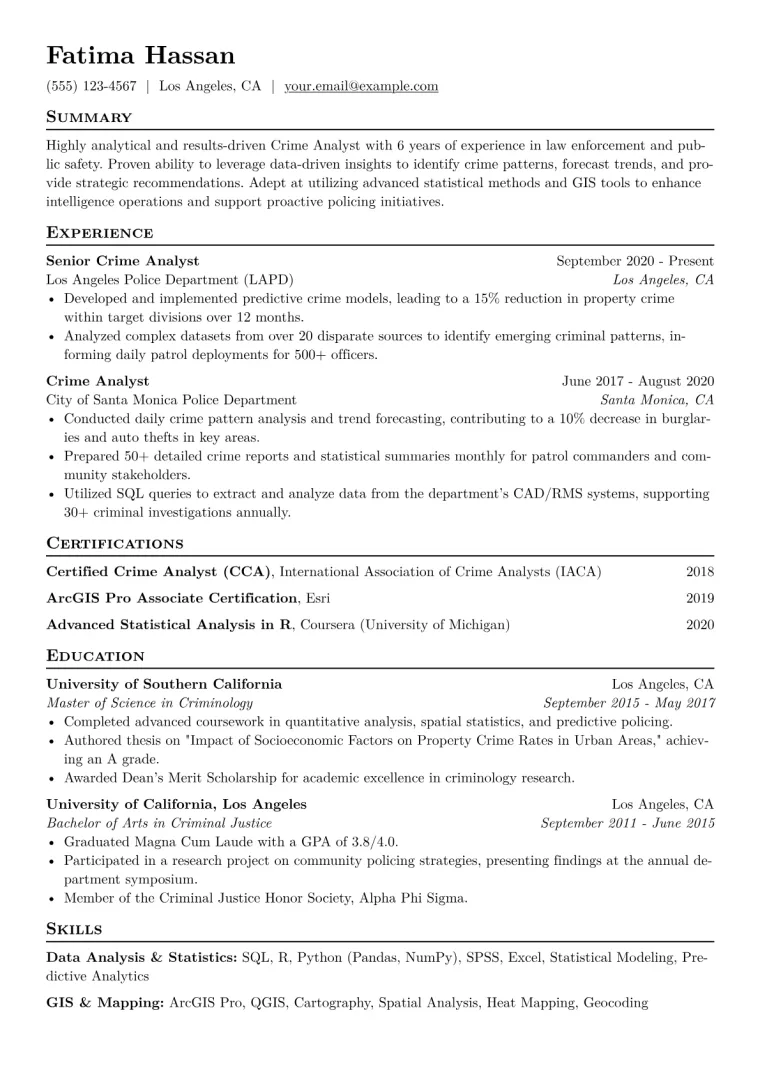 Crime Analyst Resume Example CV template preview