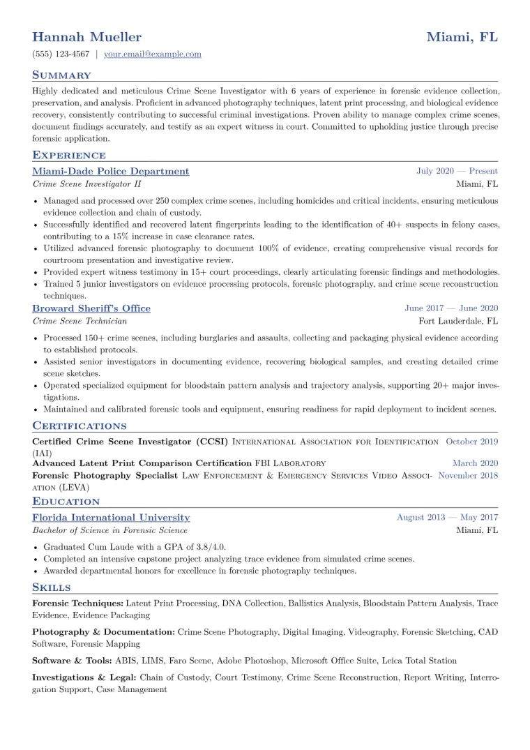 Crime Scene Investigator Resume Example CV template preview