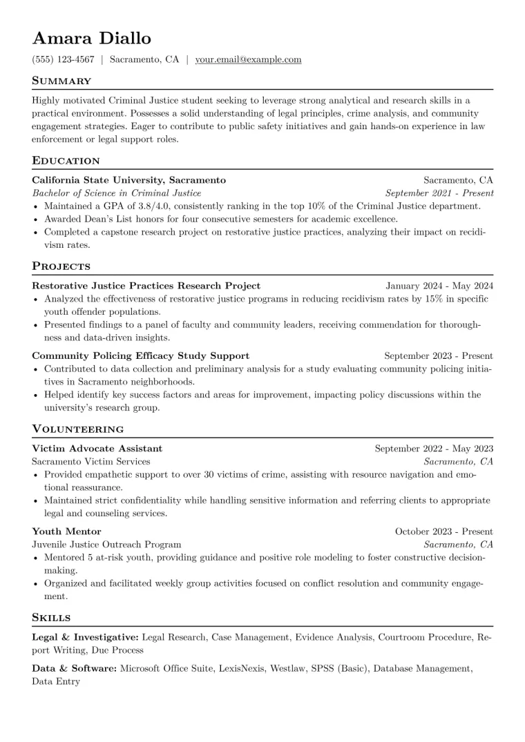 Criminal Justice Student Resume Example CV template preview
