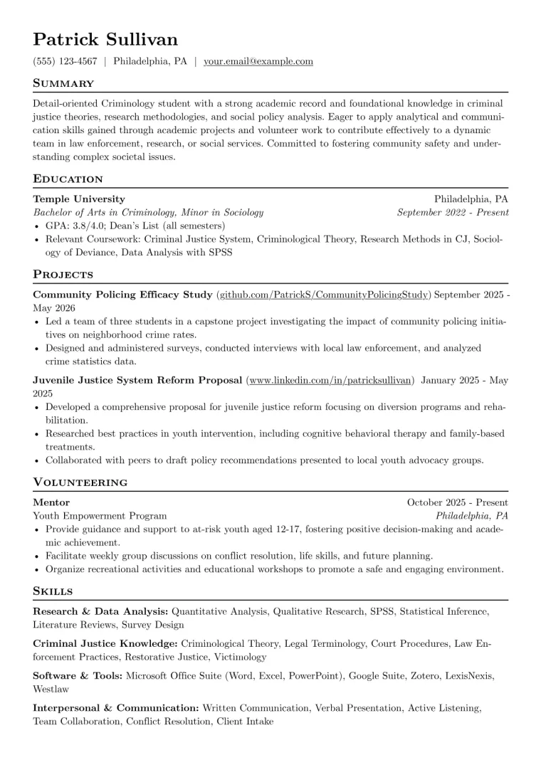 Criminology Student Resume Example CV template preview