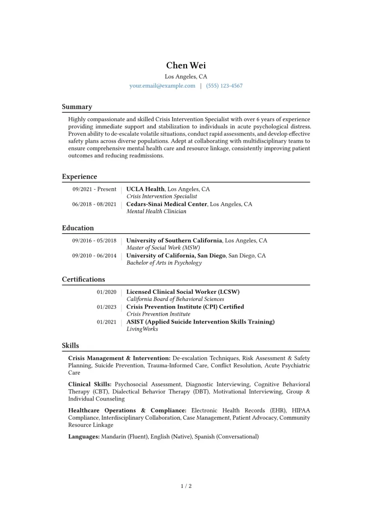 Crisis Intervention Specialist Resume Example CV template preview