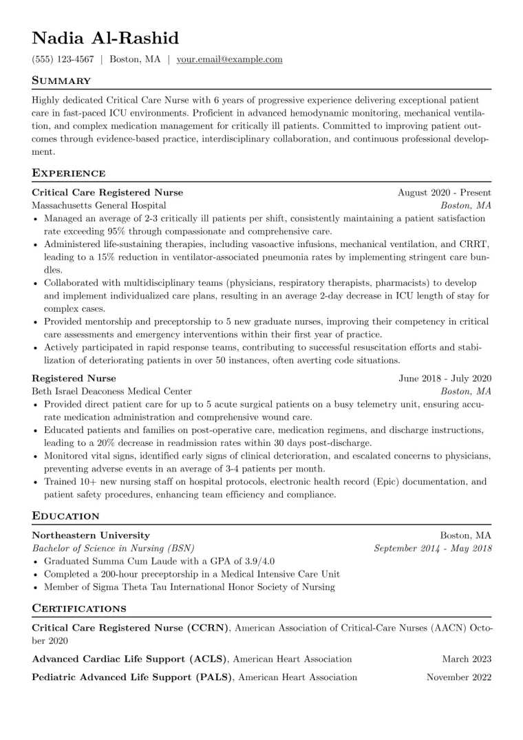 Critical Care Nurse Resume Example CV template preview