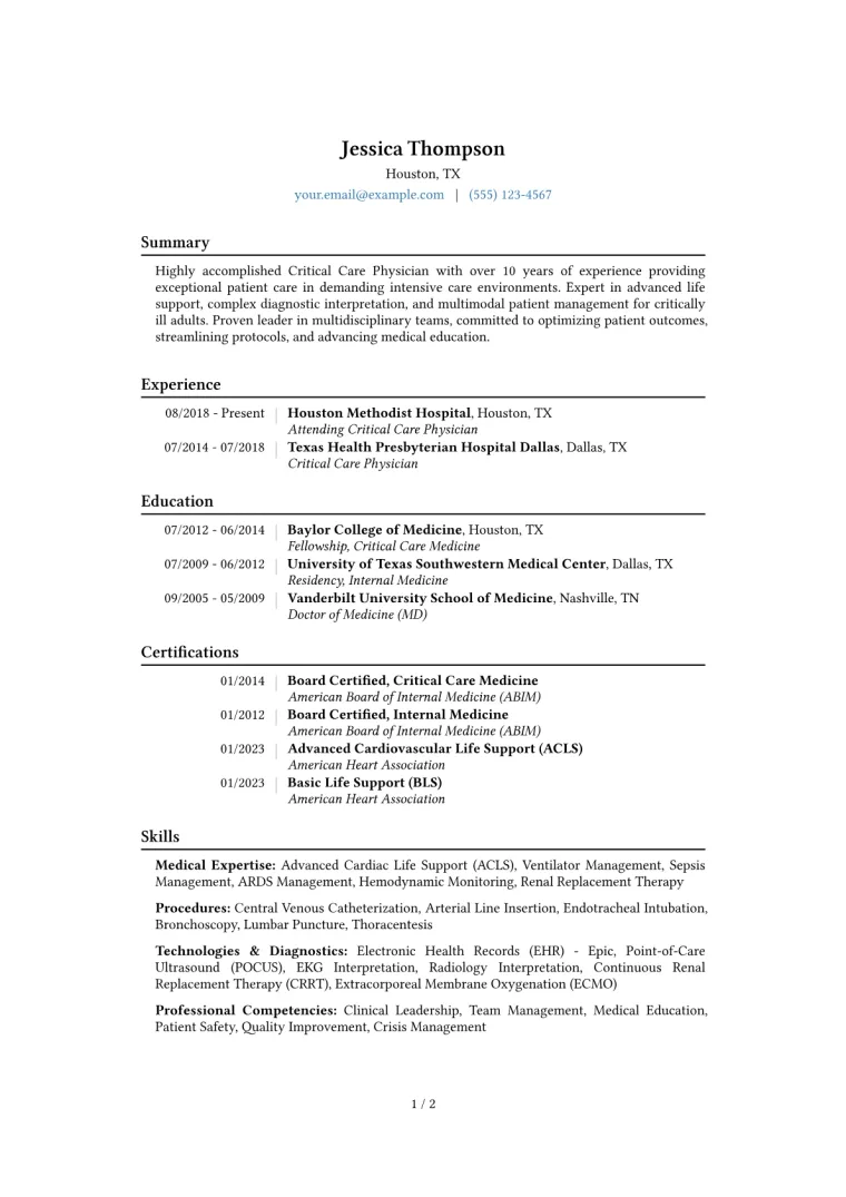 Critical Care Physician Resume Example CV template preview
