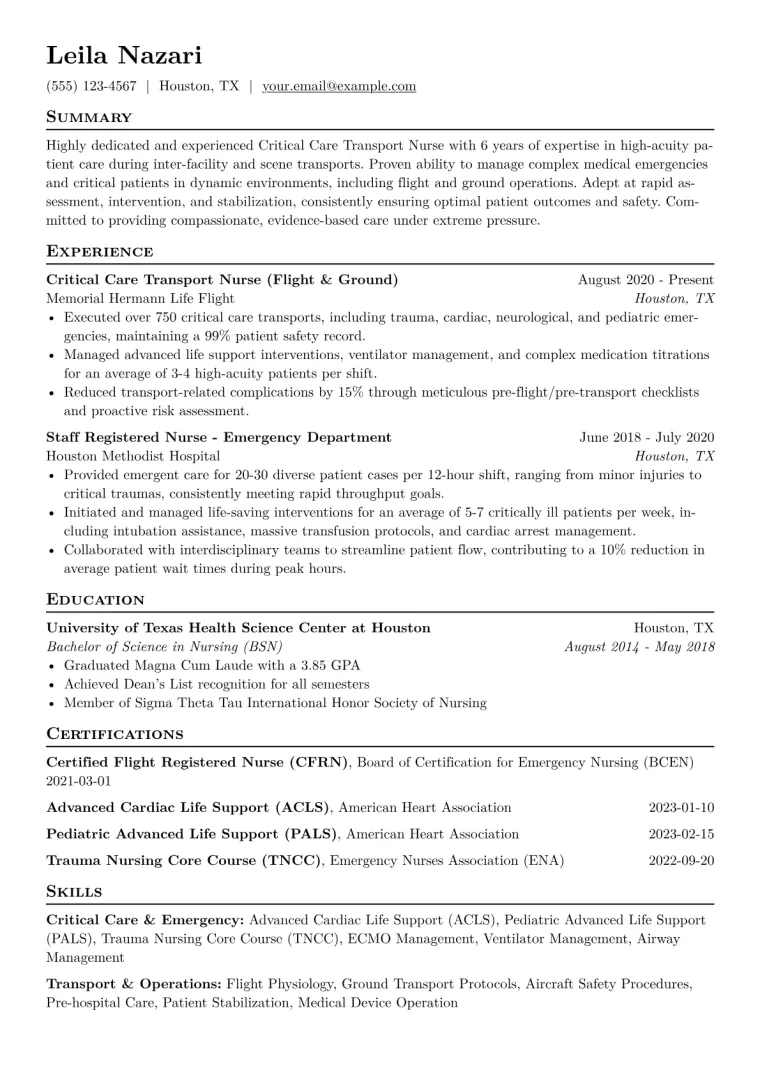 Critical Care Transport Nurse Resume Example CV template preview