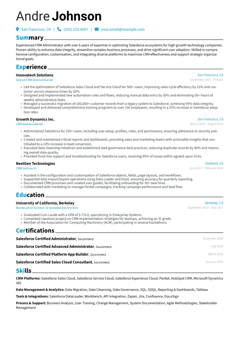CRM Administrator Resume Example CV template preview