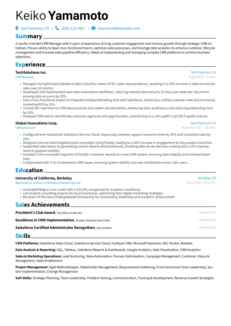 CRM Manager Resume Example CV template preview