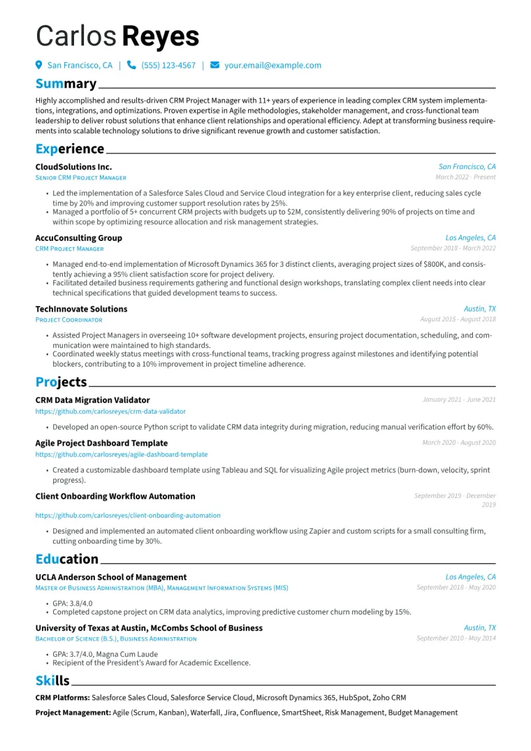 CRM Project Manager Resume Example CV template preview