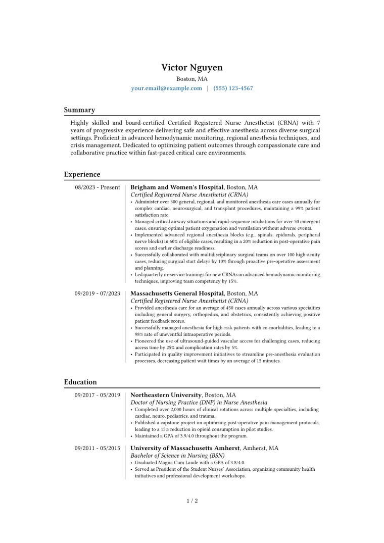 CRNA Resume Example CV template preview