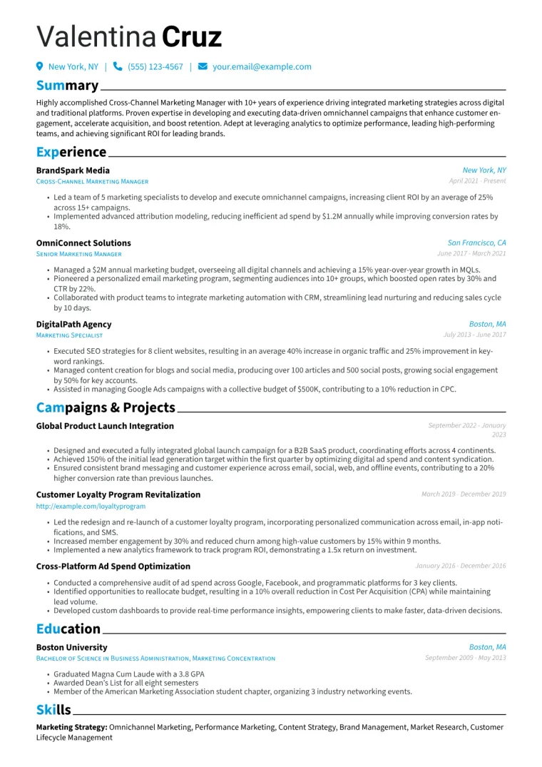 Cross-Channel Marketing Manager Resume Example CV template preview