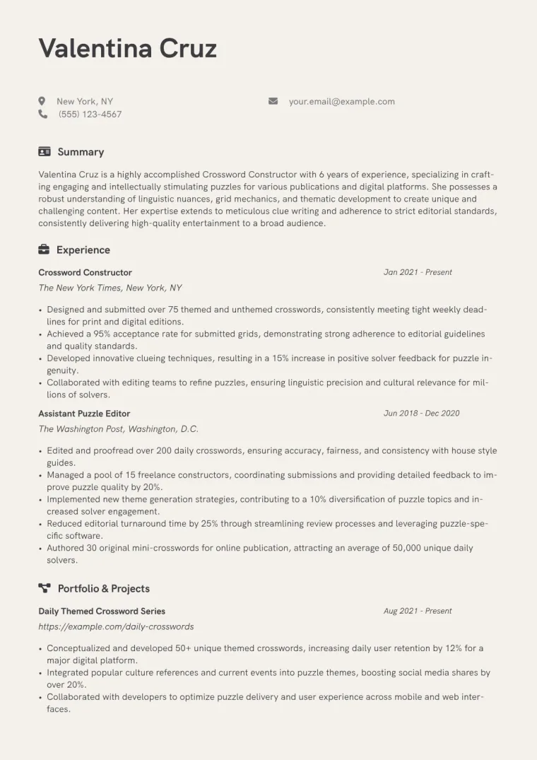 Crossword Constructor Resume Example CV template preview