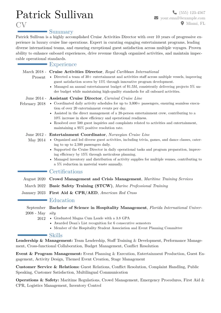 Cruise Activities Director Resume Example CV template preview