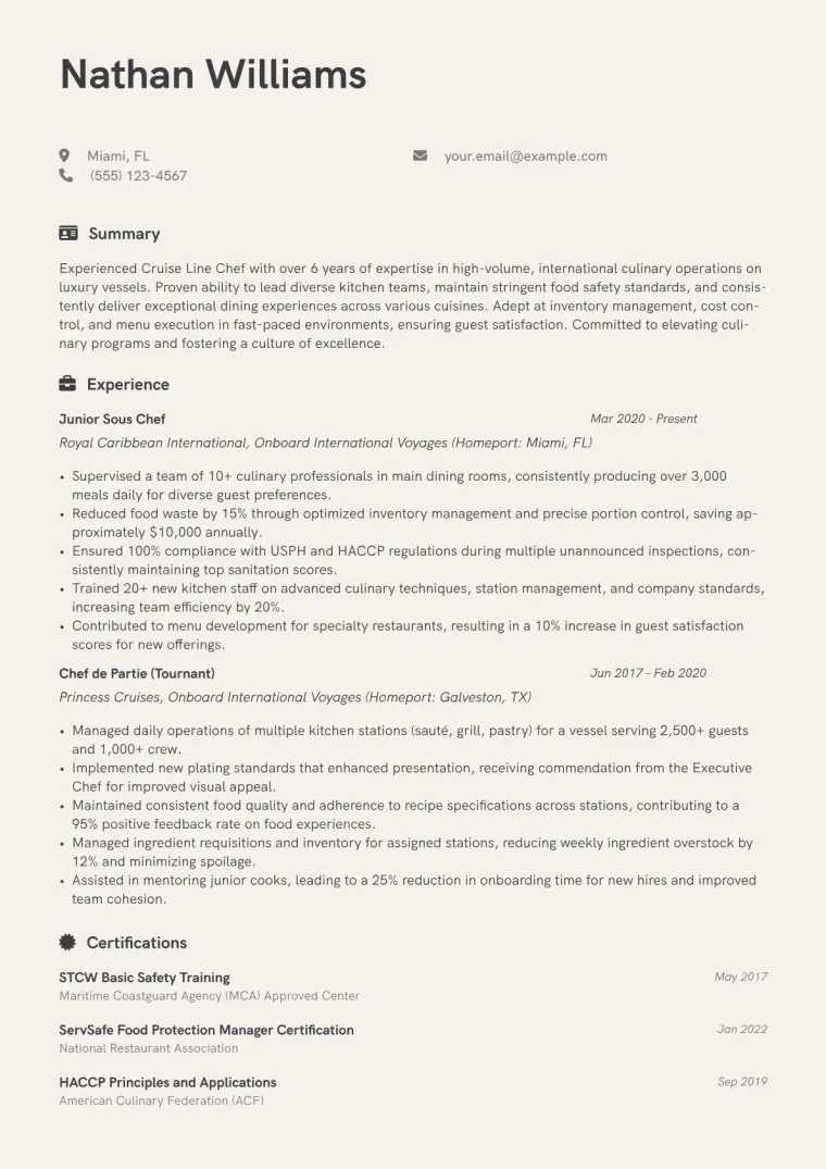 Cruise Line Chef Resume Example CV template preview