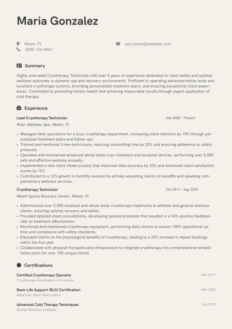Cryotherapy Technician Resume Example CV template preview