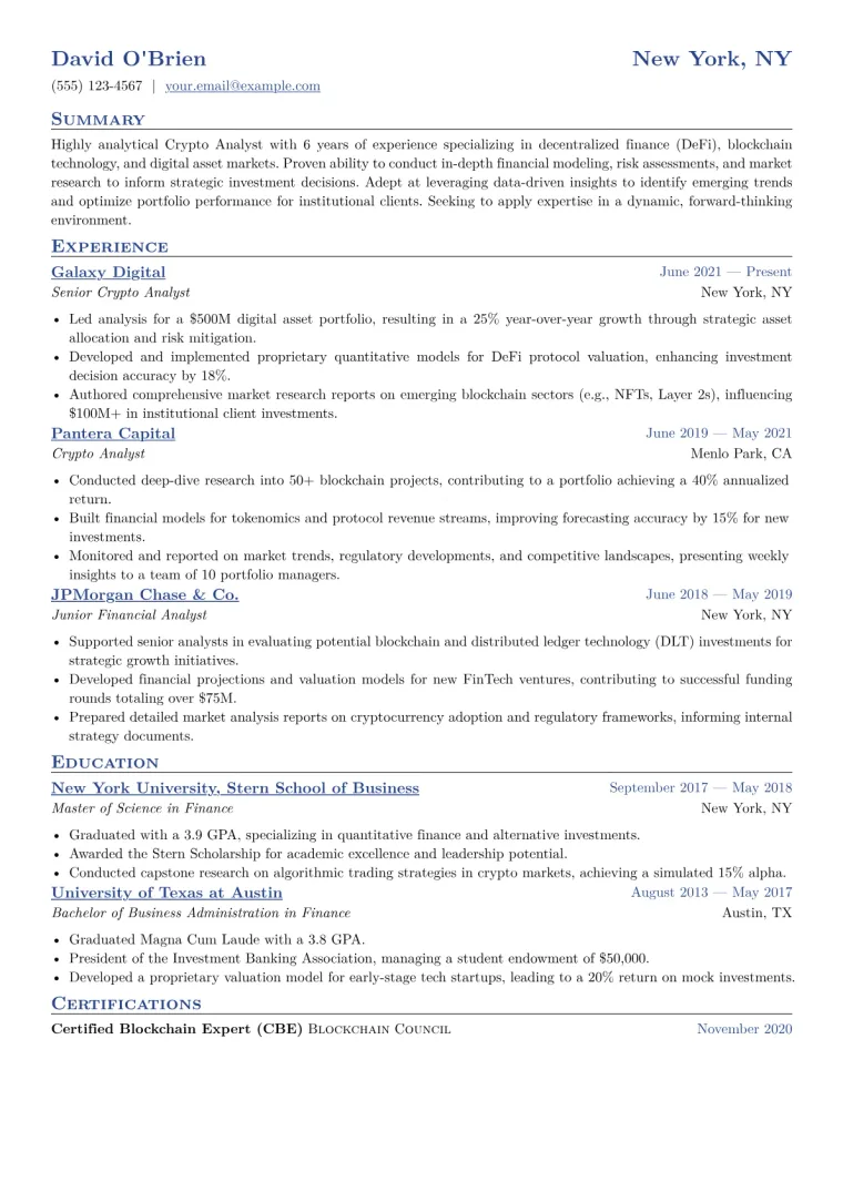 Crypto Analyst Resume Example CV template preview